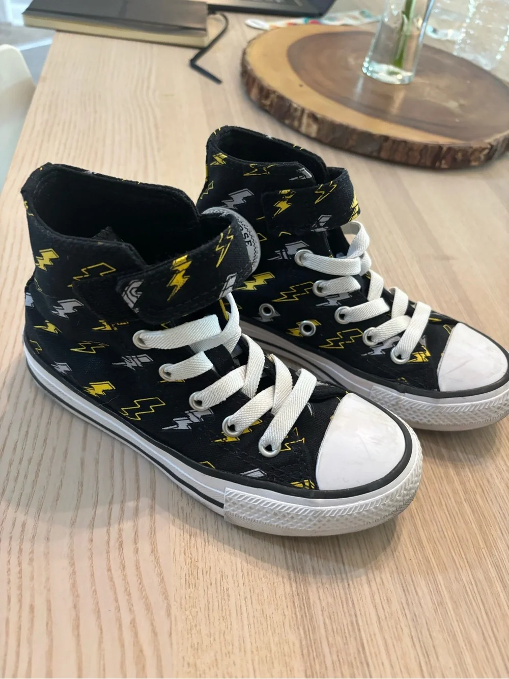 Converse Kids Black High Top Sneakers with Yellow Lightning Bolt Print